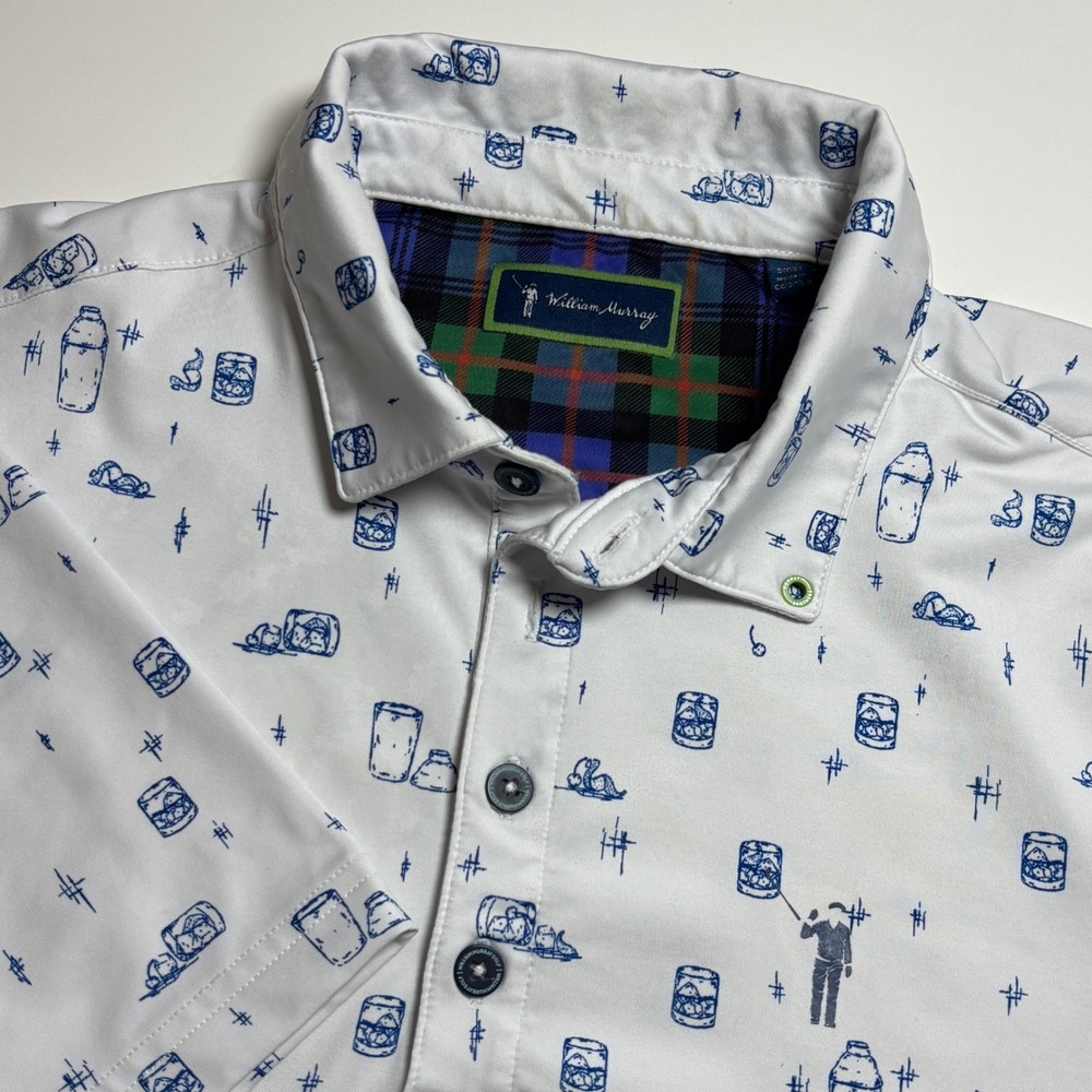 William Murray Golf Polo Old Fashioned Cocktail Print Shirt Mens S White Stretch
